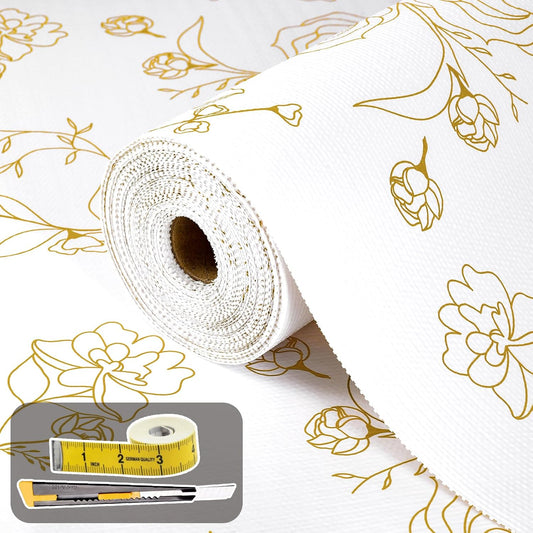 Shelf Liners for Kitchen Cabinets 12in x 10FT Non Adhesive Drawer Liner Gold Floral Thickened Shelf Liner Paper Strong Non-Slip Easy to Clean for Tool Box Refrigerator with Knife and Tape Measure