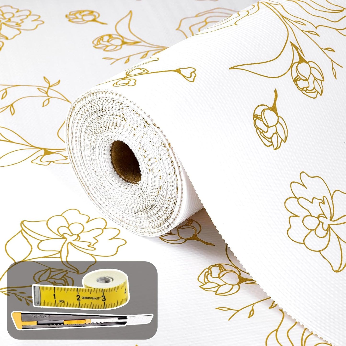 Shelf Liners for Kitchen Cabinets 17.5in x 20FT Non Adhesive Drawer Liner Gold Floral Thickened Shelf Liner Paper Strong Non-Slip Easy to Clean for Tool Box Refrigerator with Knife and Tape Measure