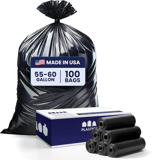 Plasticplace 55-60 Gallon Trash Bags │ 1.0 Mil │ Black Heavy Duty Garbage Can Liners │ 38” x 58” (100 Count)