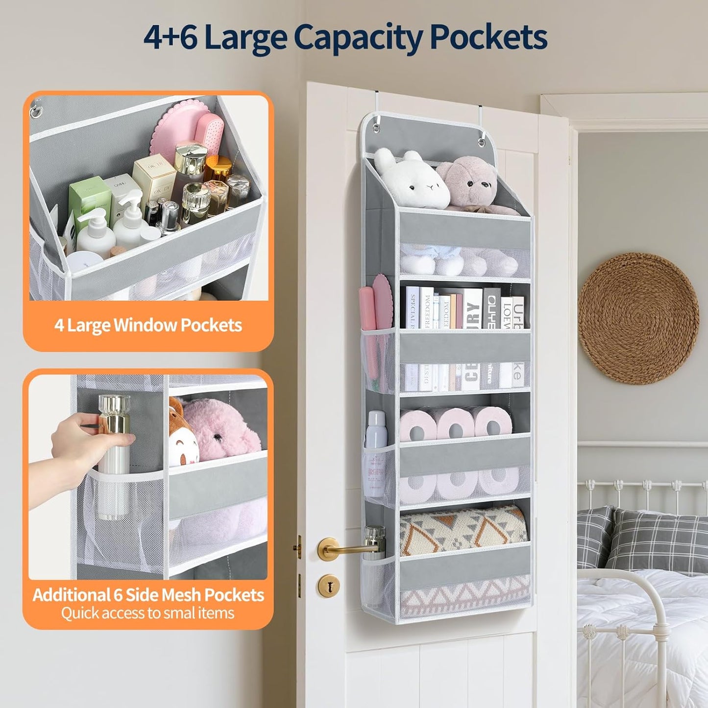Yecaye Over The Door Organizer, Heavy Duty Hanging Organizers and Storage with 4 Large Capacity Pockets, Swing-Proof Behind The Door Storage for Bathroom Nursery Bedroom Dorm Closet, Grey