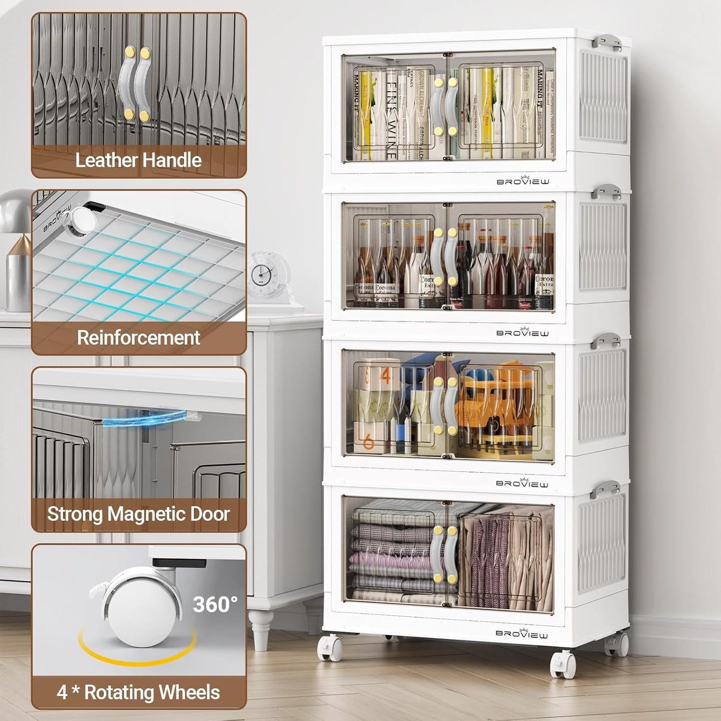 BROVIEW 135Qt Stackable Storage Bins with Lid, Extra Large Closet Organizer Collapsible Drawer Boxes with Wheels, Folding Plastic Cabinet Containers for Home Kitchen Room Organization, 3Pack White