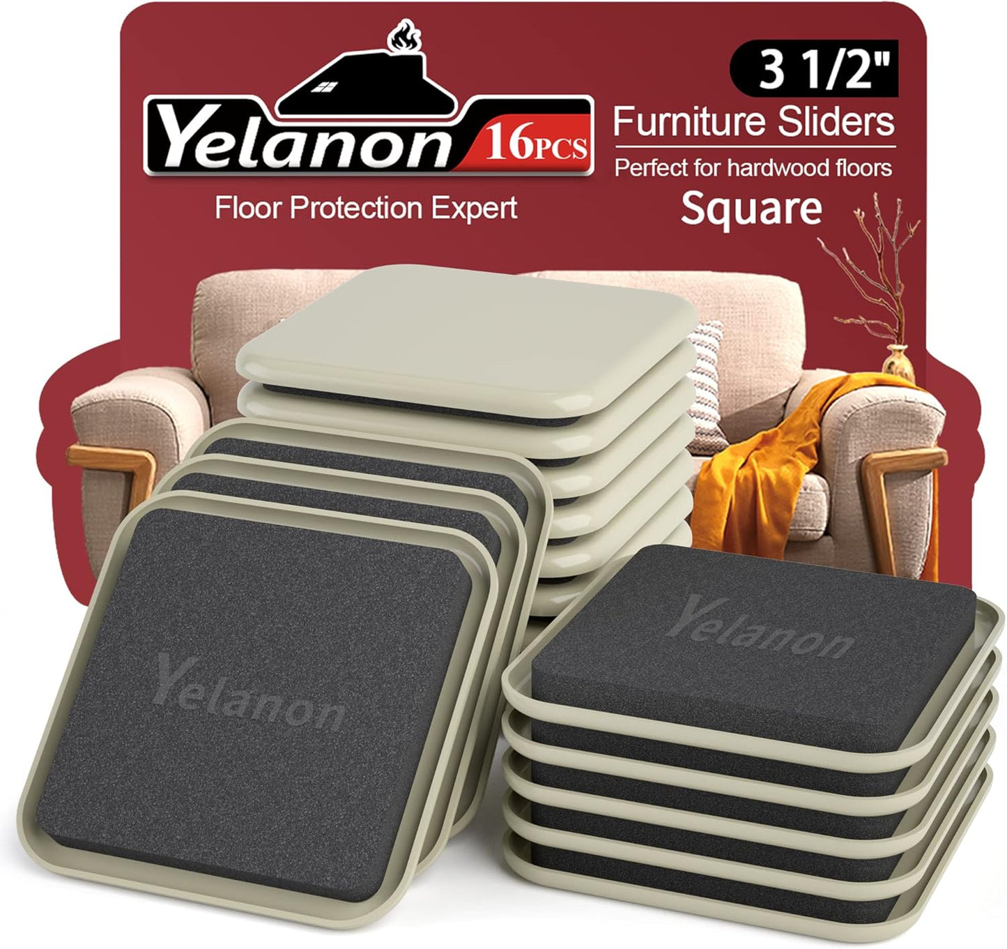Yelanon Furniture Sliders - 16 pcs-3 1/2” Square Furniture Sliders for Carpet Furniture Pads Hardwoods Floors, Heavy Duty Furniture Movers Sliders,Furniture Moving Pads, Carpet Protectors