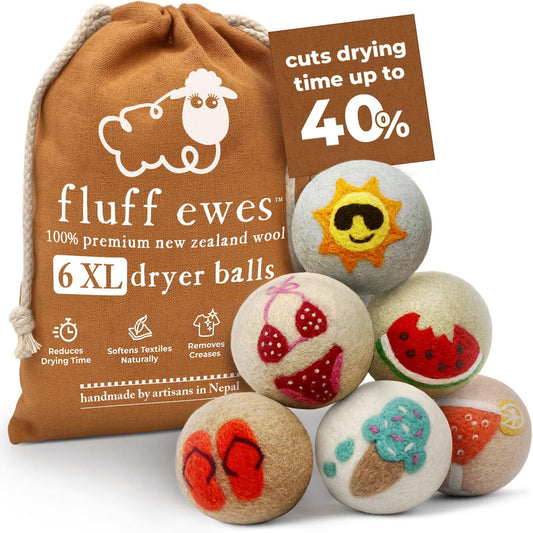 Fluff Ewes Wool Dryer Balls 6 Pack Premium New Zealand Wool Laundry Balls for Dryer, No Static Dryer Balls Laundry Reusable, XL Wool Dryer Balls Cute, Baby Dryer Balls for Dryers - Fun in The Sun