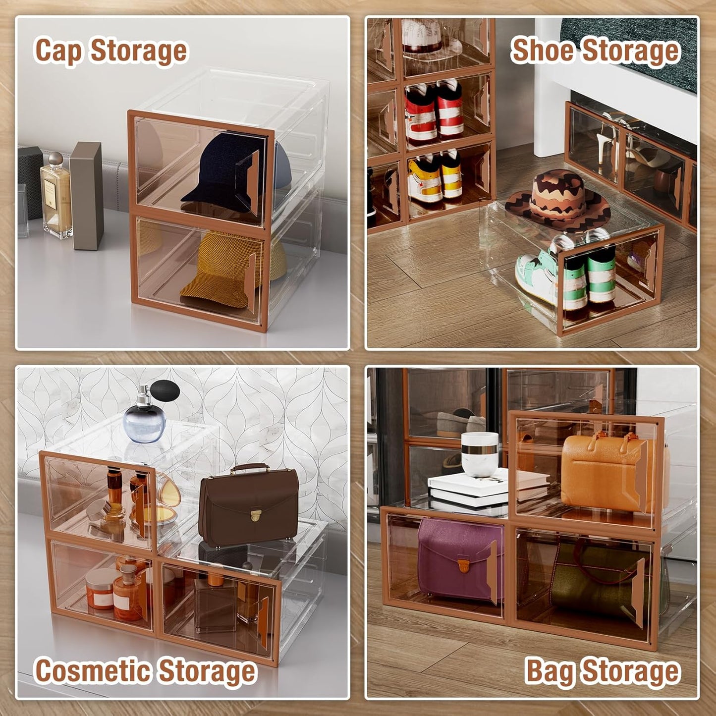 X-Large Stackable Shoe Boxes - Clear Plastic Shoe Storage Boxes with Magnetic Door, Thicken Shoe Organizer for Closet, Space Saving Foldable Shoe Containers Bins for Sneaker Boot - 6 Pack(Brown)