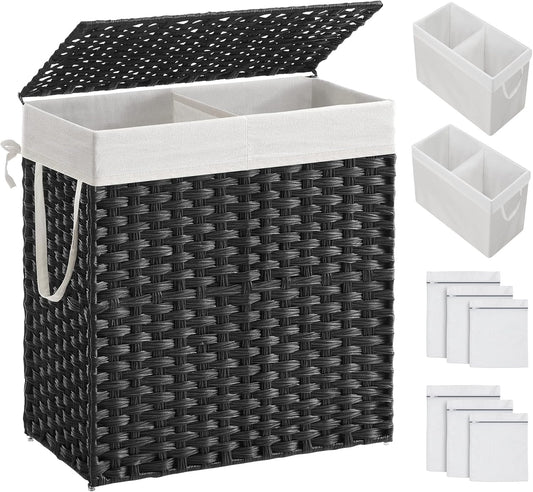 SONGMICS Laundry Hamper with Lid, 110L Clothes Hamper with 2 Removable Liner Bags, 6 Mesh Bags, Wicker Laundry Basket, Double Laundry Hamper for Laundry Room, 13 x 22.4 x 23.6 Inches Black ULCB52BK