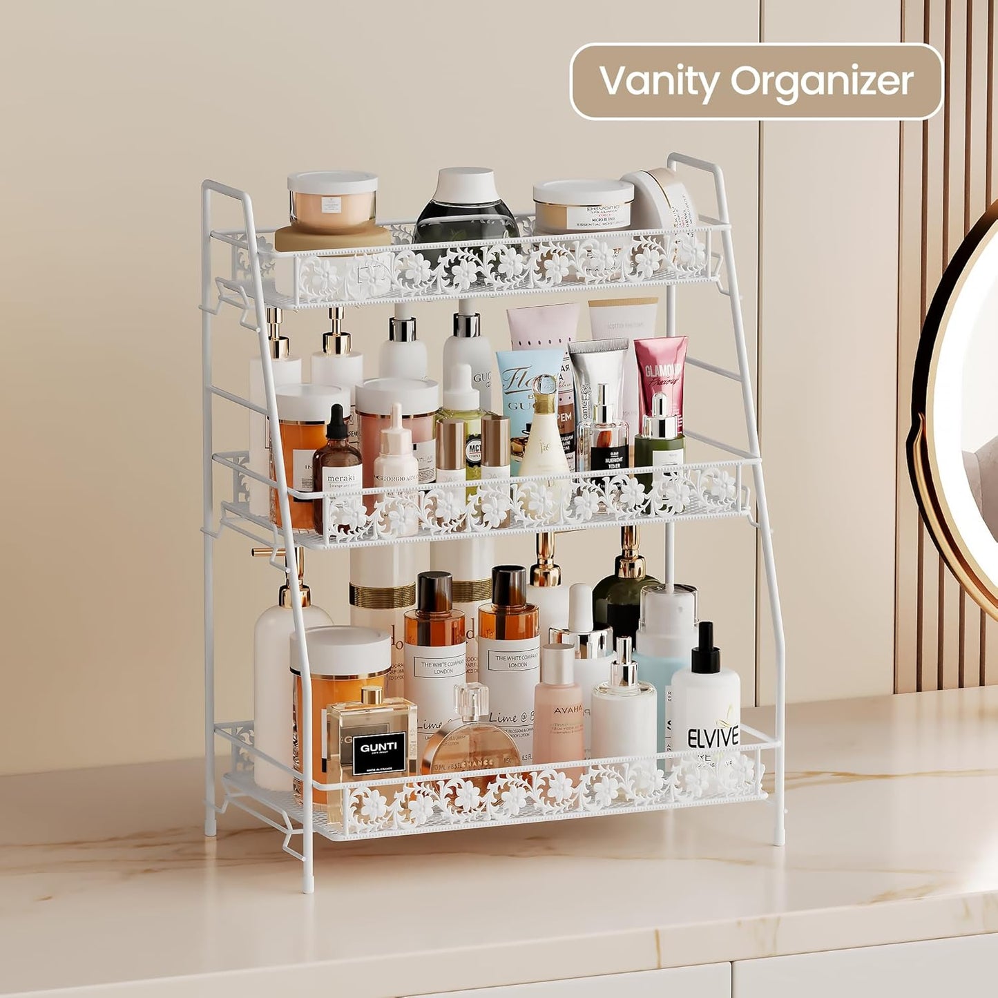 3-Tier Large Size Storage Rack,Counter Organiztion for Bathroom Countertop Organizer Shelf for Spice Racks for Kitchen/Sink/Bedroom/Living room/Office/Plant Rack with Two Metal Baskets