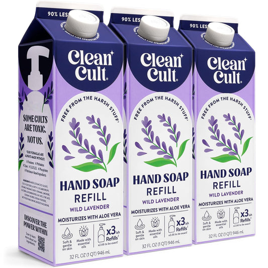 Cleancult Liquid Hand Soap Refills - Wild Lavender - Moisturizes Dry & Sensitive Skin -Made with Aloe Vera & Lavender Essential Oils - Eco Friendly - Paper-Based Packaging - 32 oz/3 Pack
