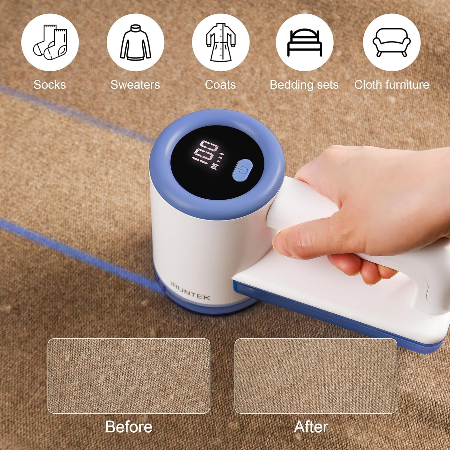 iRUNTEK Rechargeable Fabric Shaver & Lint Remover｜3-Speed Lint Shaver with LED Display & Large Lint Bin｜Sweater Shaver with Type-C Fast Charging｜Removes Fuzz & Pills from Clothes, Furniture - Blue