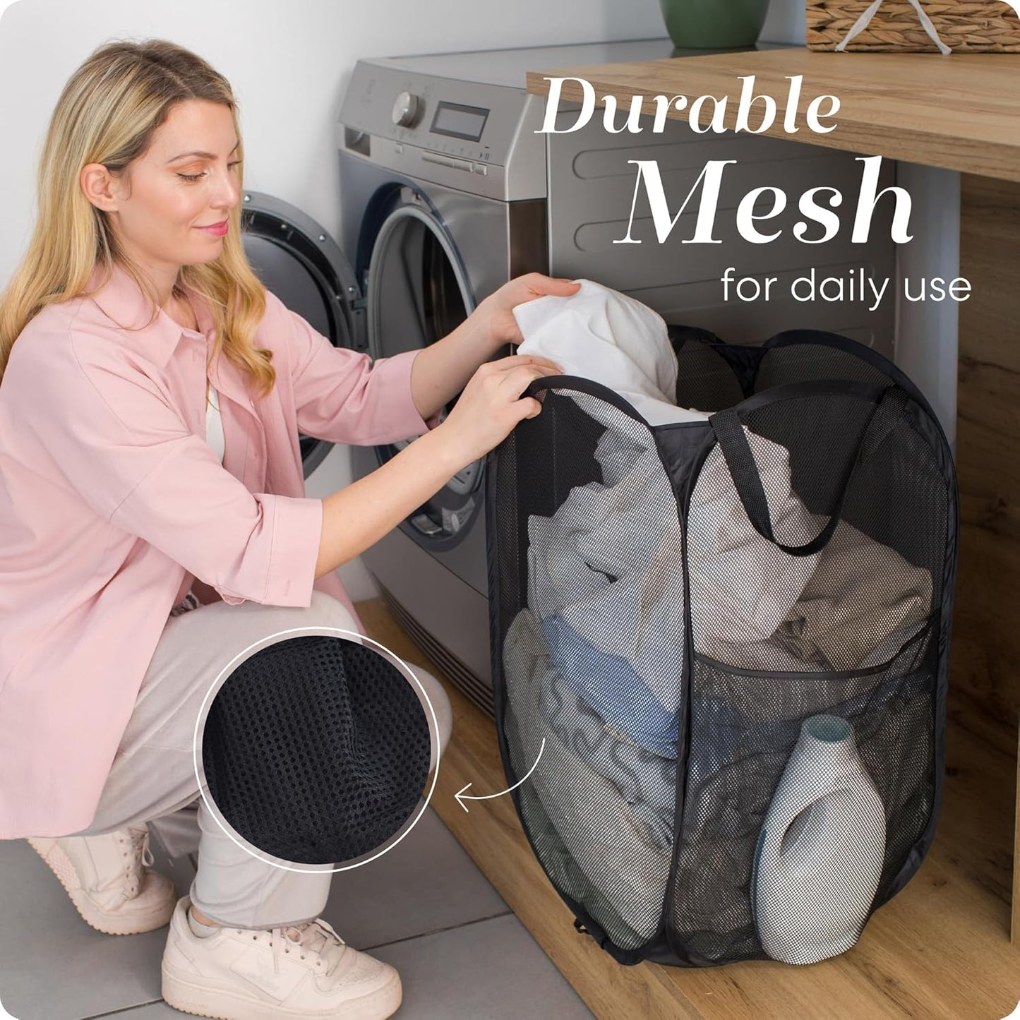 Handy Laundry Collapsible Mesh Pop Up Hamper with Wide Opening and Side Pocket - Breathable, Sturdy, Foldable, and Space-Saving Design for Clothes and Storage (Black)
