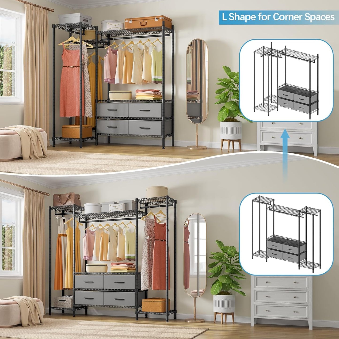 VIPEK V20 Wire Garment Rack Heavy Duty Clothes Rack, Metal Clothing Rack with 6 Shelves, 3 Hang Rods & 4 Fabric Drawers, Compact Wardrobe Closet, 56.7" L x 14.6" W x 70.9" H, Black