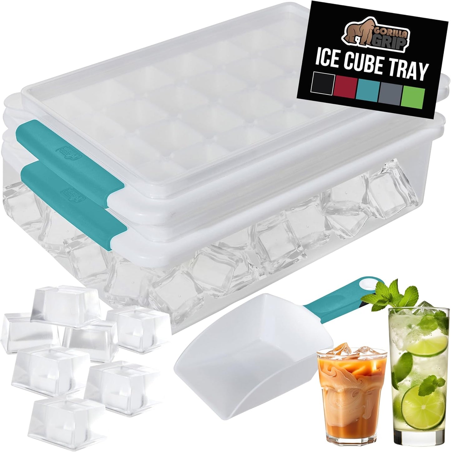 GORILLA GRIP Stackable Ice Cube Tray and Bin Set for Freezer, Includes 2 Trays with Lid and Scooper, Easy Release, Makes 56 Cubes, Cocktail Soda Coffee, Leak Proof Bucket Kit, Kitchen Tool, Turquoise