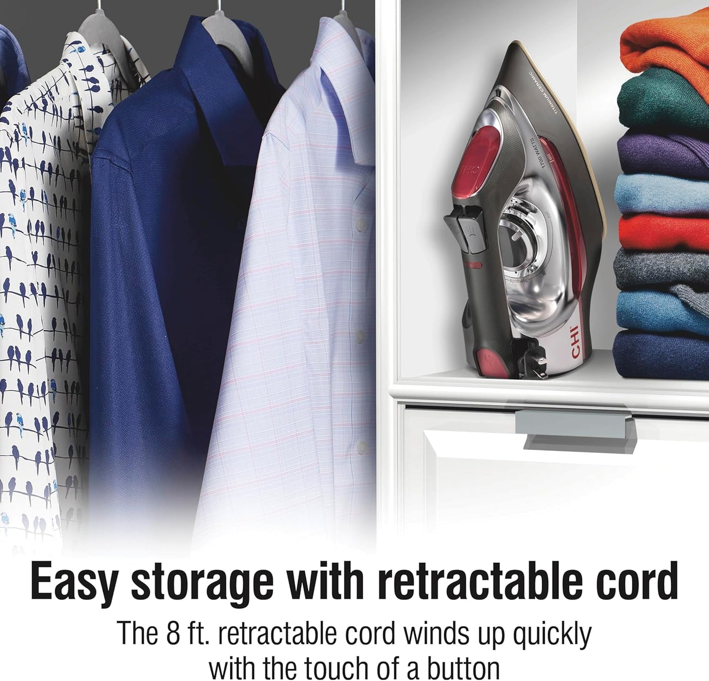 CHI Steam Iron for Clothes with 8’ Retractable Cord, 1700 Watts, 3-Way Auto Shutoff, 400+ Holes, Professional Grade, Temperature Control Dial, Titanium Infused Ceramic Soleplate, Silver (13106)