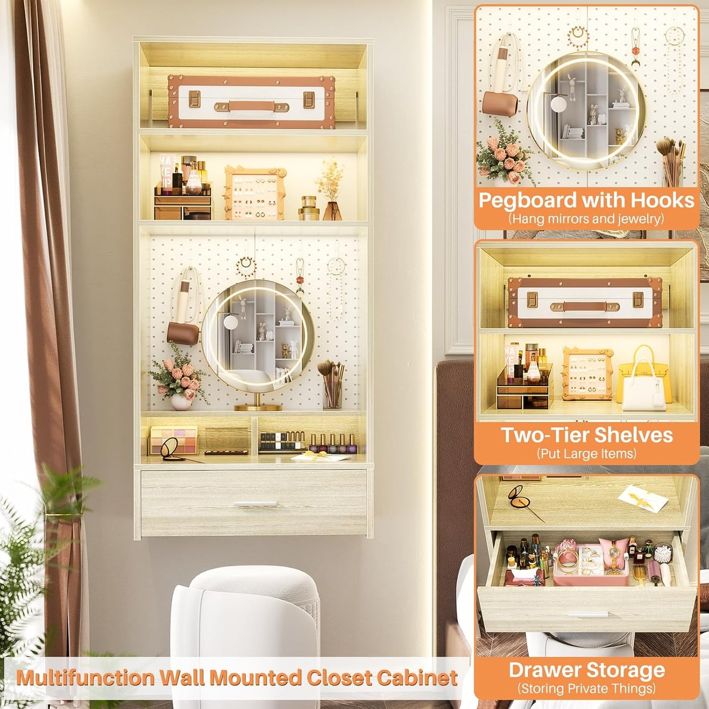 Unikito 24 inch Closet System with Drawers and Magnetic Pegboard, Wall Mounted Closet Organizer with Vanity Storage Shelves, Multipurpose Vanity Desk for Bedroom, Mudroom, and Entryway, White Oak