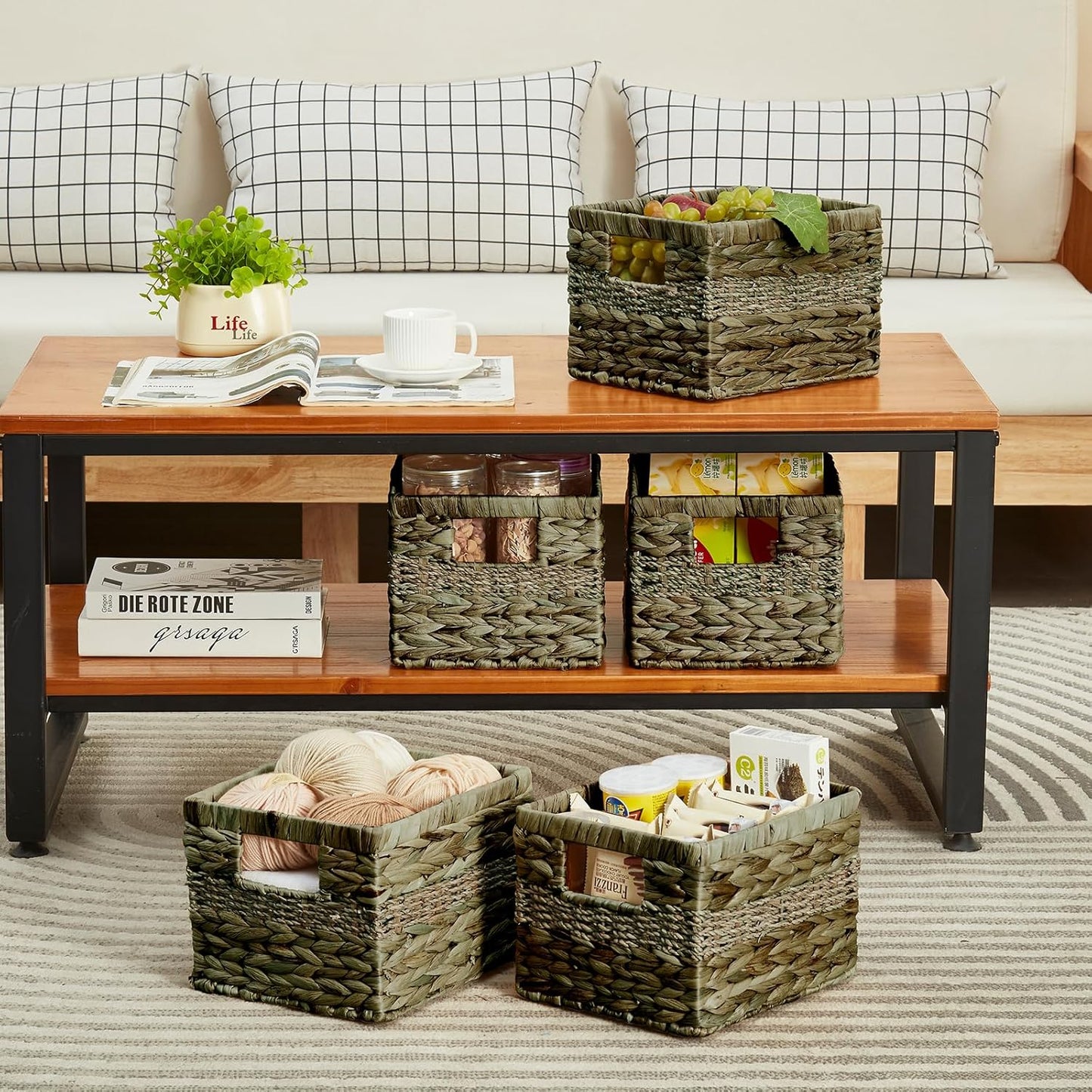 Water Hyacinth Wicker Basket, Decorative Woven Baskets with Built-in Handles, Hand-woven Storage Organizer for Organizing Pantry, Shelves, Livingroom, Bedroom, Toilet(2-PACK, Sage Green)