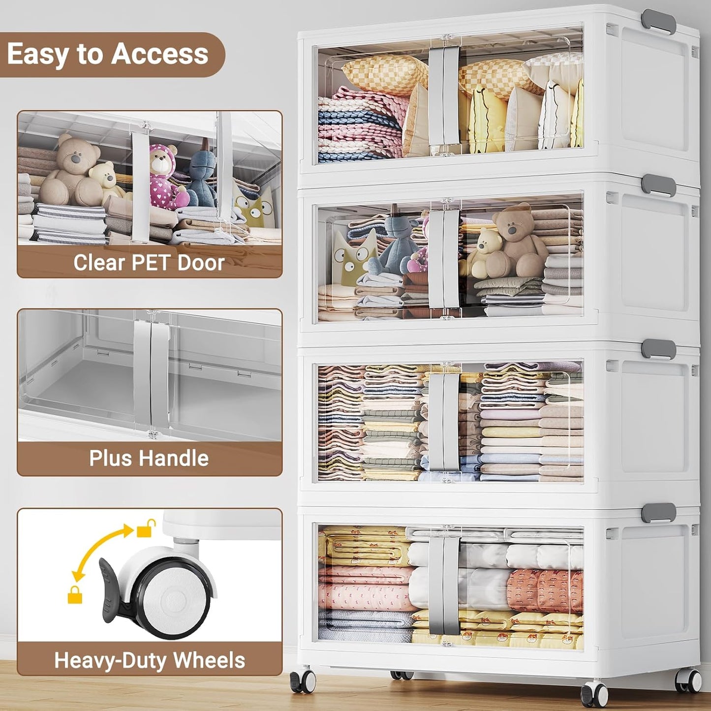 BROVIEW 480QT Stackable Storage Bins with Lids, 120Gal Extra Large Collapsible Storage Box with Wheel, Plastic Storages with Clear Door Open Front for Home Kitchen Garage, White-3pack(3 lids)