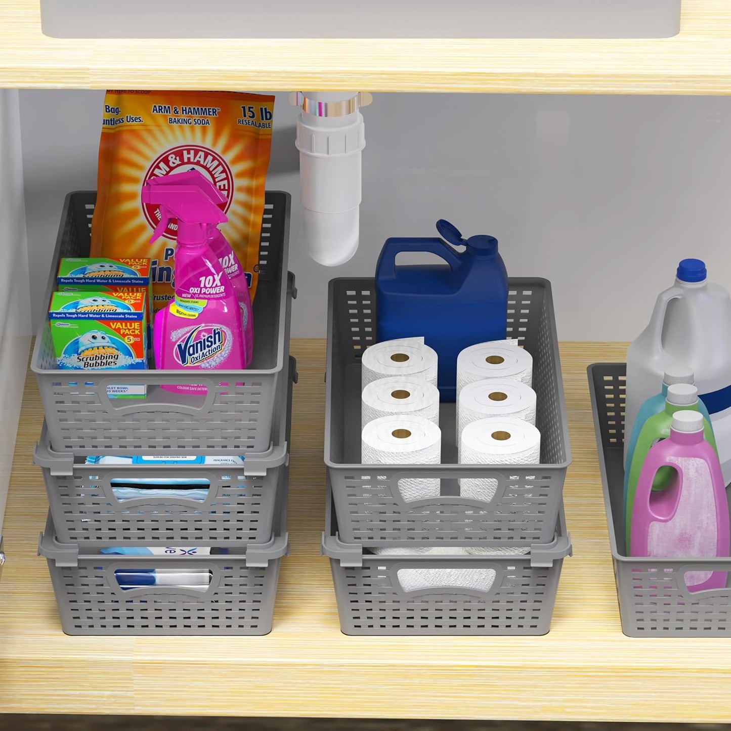 Simple Houseware Stackable Plastic Woven Basket Organizer, 6 Pack, 14.5" x 8.5" x 3.5", Gray