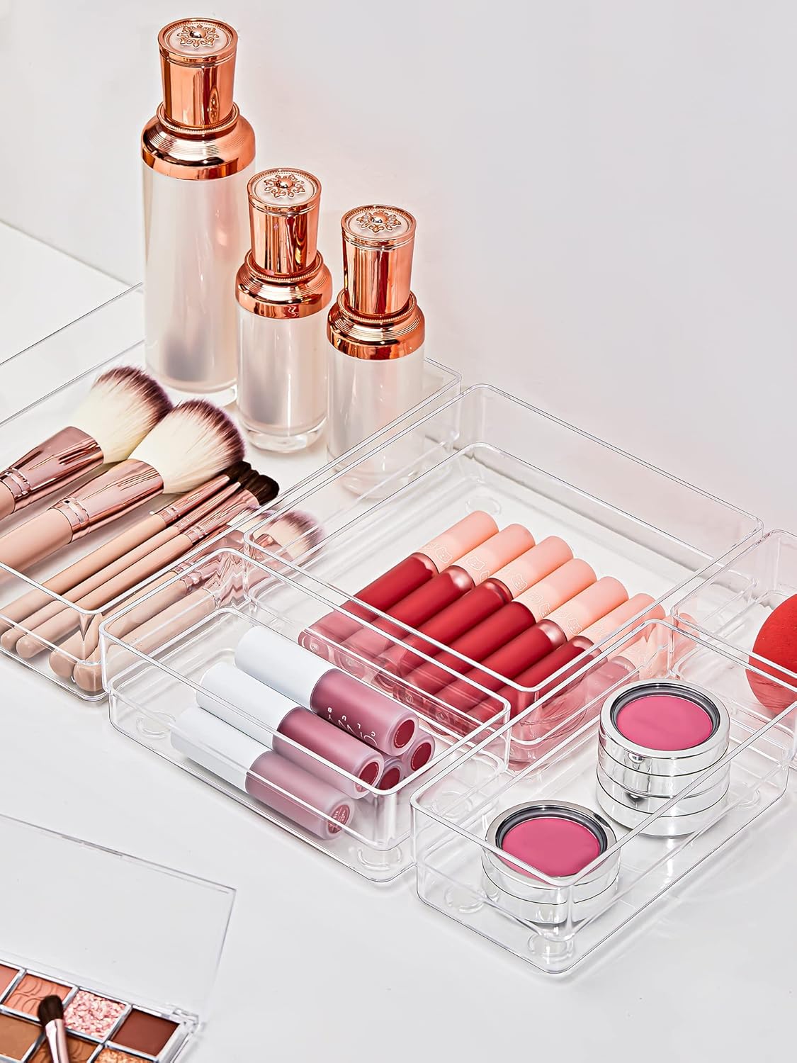 SMARTAKE 13-Piece Drawer Organizer with Non-Slip Silicone Pads, 5-Size Desk Drawer Organizer Trays Storage Tray for Makeup, Jewelries, Utensils in Bedroom Dresser, Office and Kitchen (Clear)