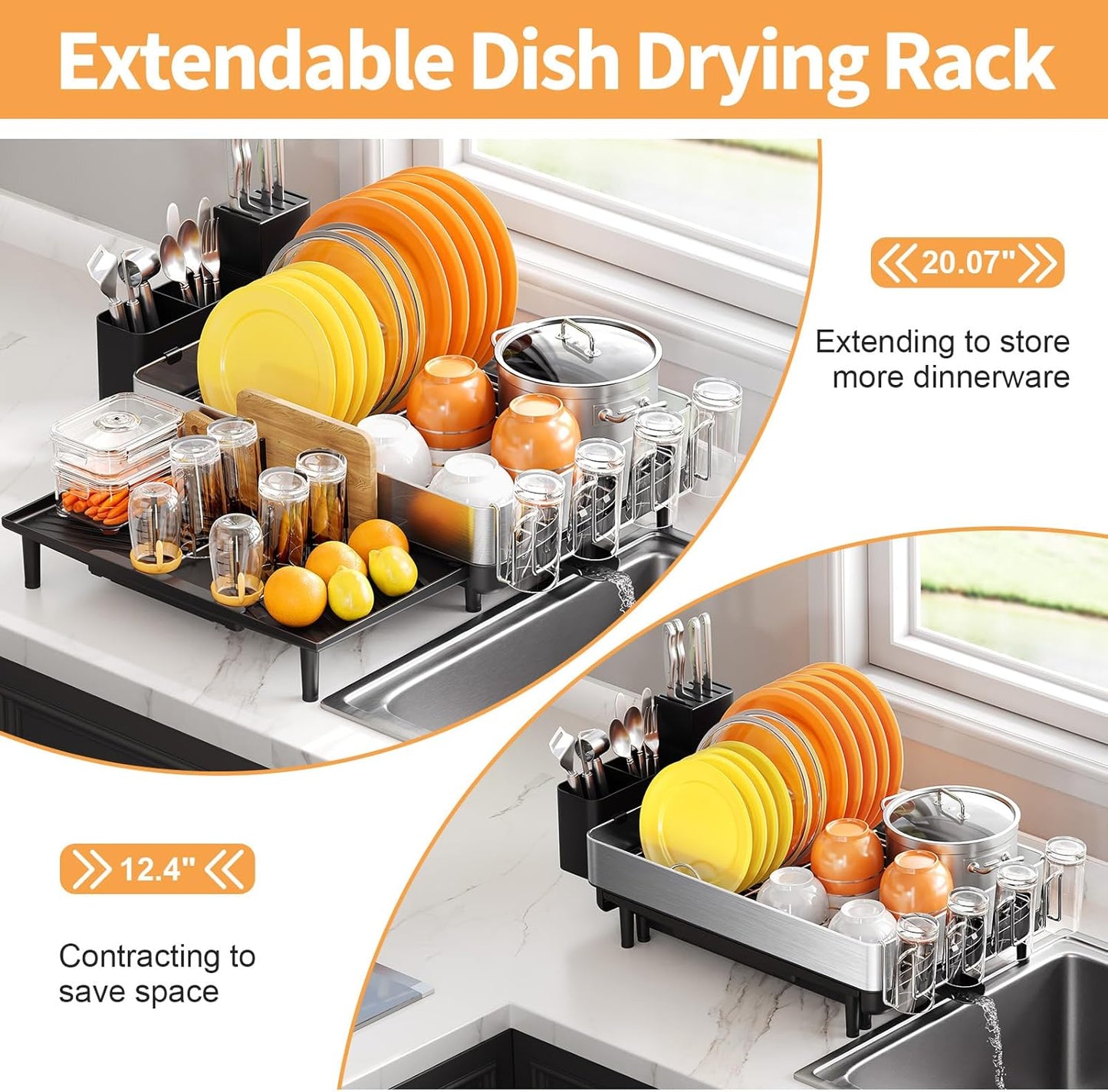 Expandable Dish Drying Rack for Kitchen Counter, 304 Stainless Steel Dish Rack, Multi-Function Dish Drainer, Large Dish Strainer with Cup Holder, Cutlery Holder, Extendable Large Size Silver
