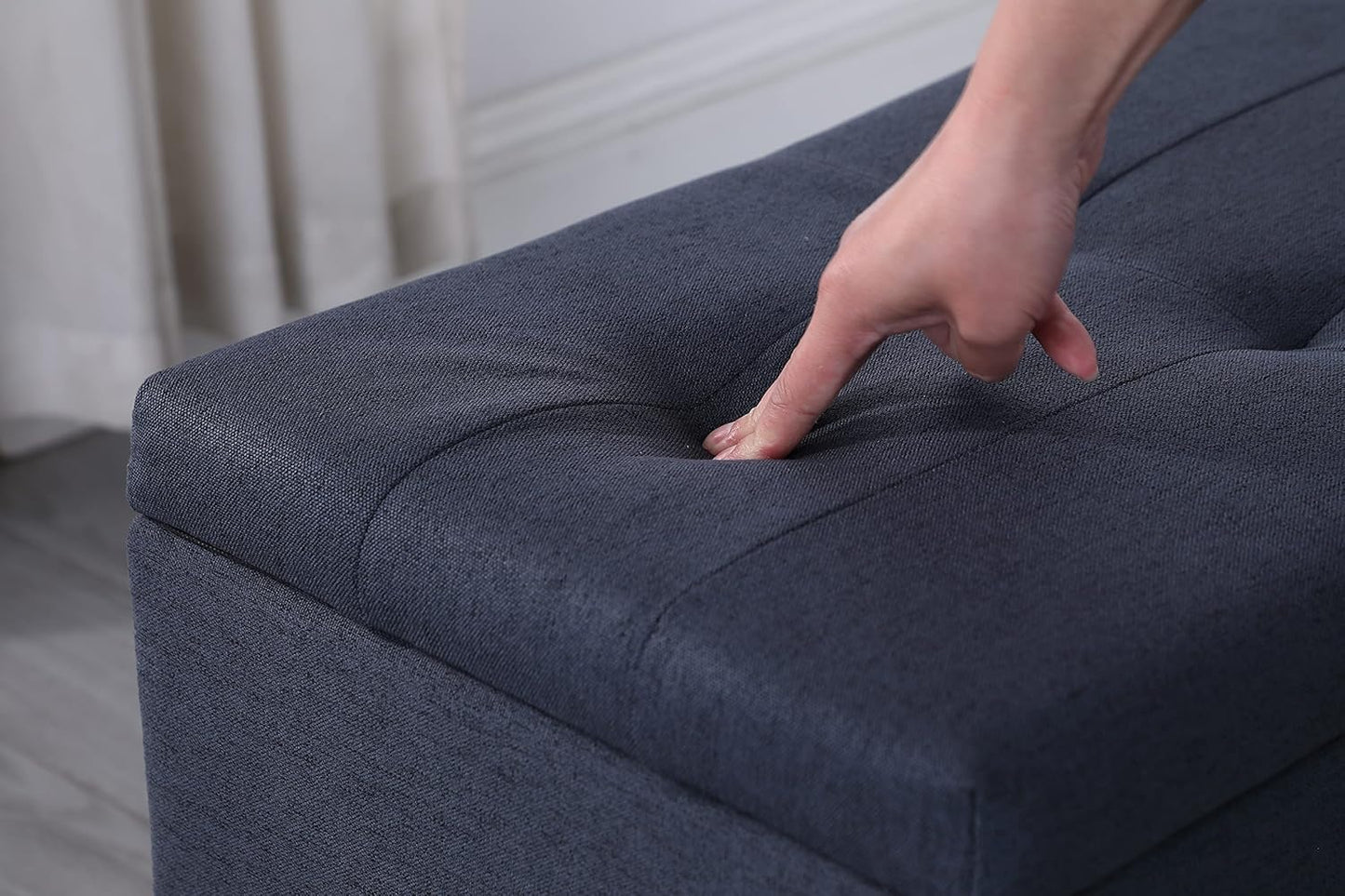 Set of 3 Hinged Storage Ottoman, 38'' Ottoman Bench with Storage and Thick Seating, End of Bed Bedroom Bench Window Bench with 2pcs Small Foot Rest (Blue - Fabric)