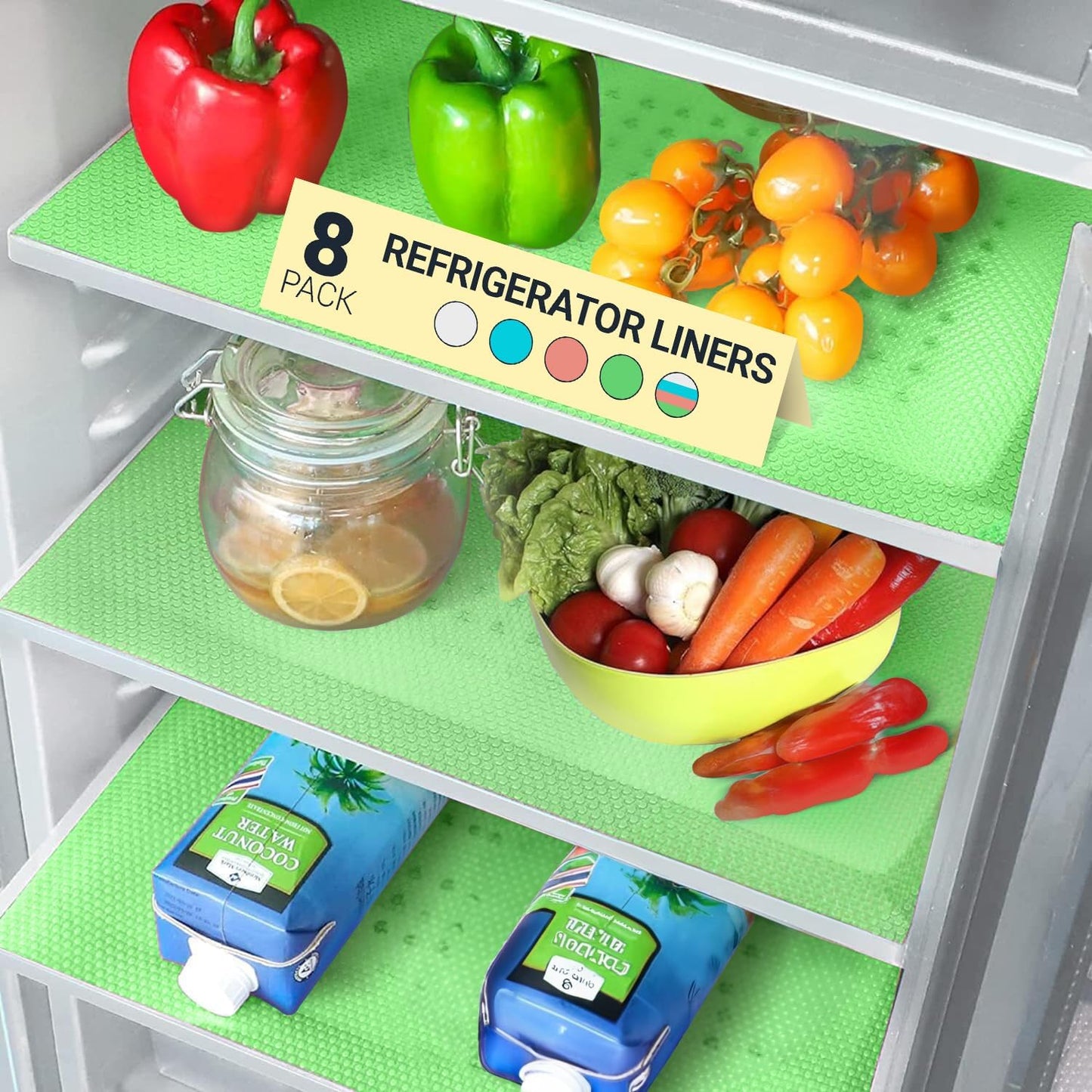 Refrigerator Liners for Shelves (8 Pack) by Linda’s Essentials - Non-Adhesive Shelf or Drawer Liner, BPA-Free Fridge Mats for Kitchen & Cabinets, Easy to Clean, Ideal Household Essentials (Green)