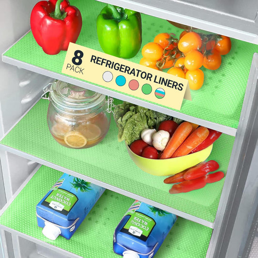 Refrigerator Liners for Shelves (8 Pack) by Linda’s Essentials - Non-Adhesive Shelf or Drawer Liner, BPA-Free Fridge Mats for Kitchen & Cabinets, Easy to Clean, Ideal Household Essentials (Green)