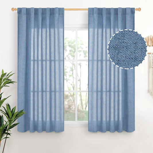 YoungsTex Denim Blue Short Linen Curtains 45 Inches Length for Kitchen, Light Filtering Semi Sheer Drapes with Rod Pocket Back Tab for Bedroom Cafe Small Window Privacy, 42 x 45 Inch, 2 Panels