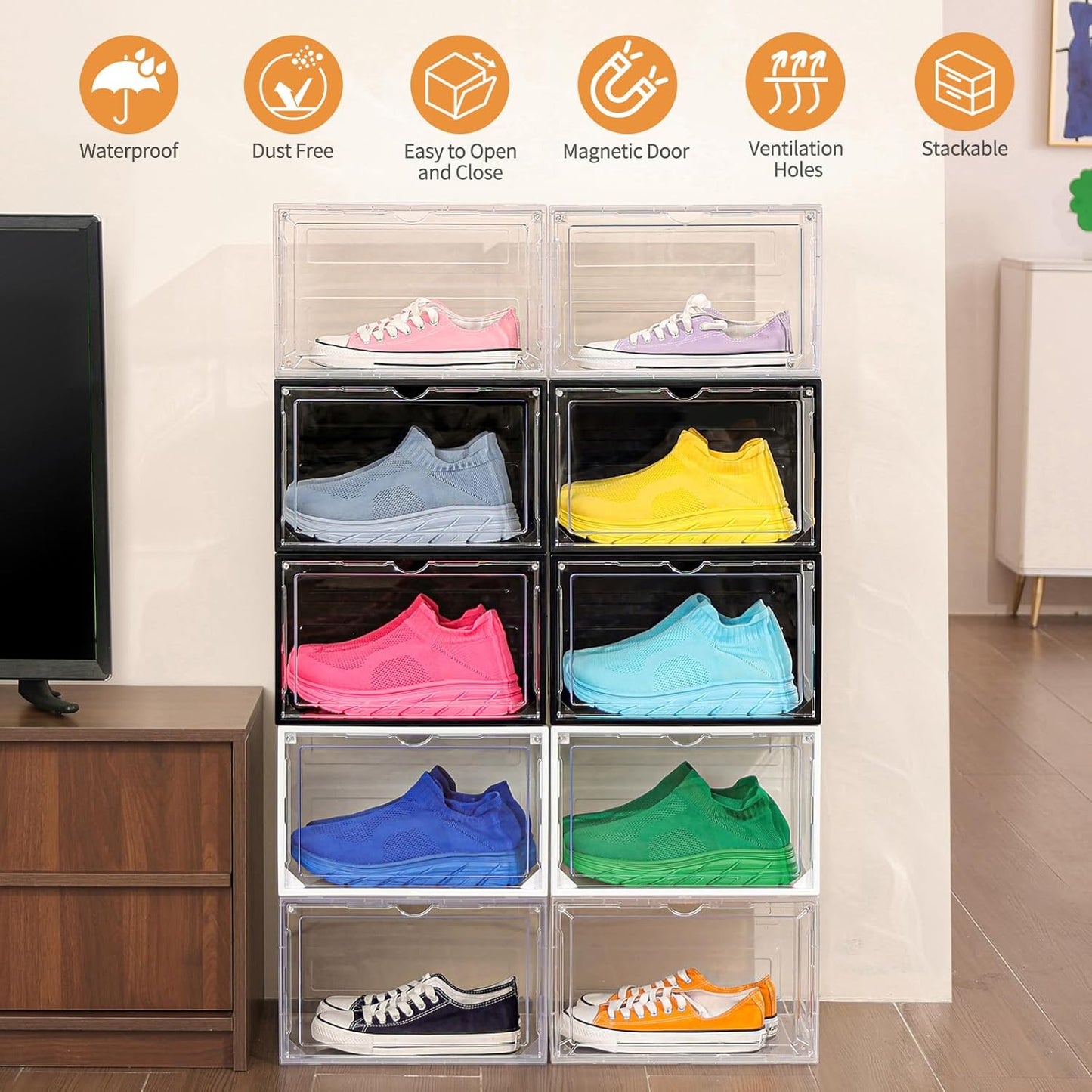 12 Pack White Shoe Boxes Stackable,Large Shoe Storage Organizer with Magnetic Door,Drop Side Shoe Containers for Entryway,Sneaker Storage Fit up to US Size 12 for Men/Women(13’’x10.62”x8.26”