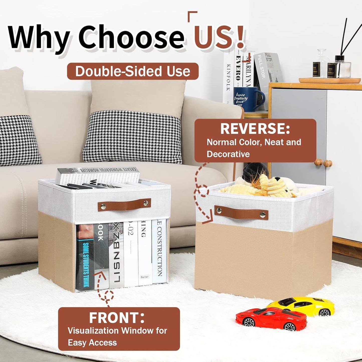 HNZIGE 11 Inch Foldable Fabric Storage Cubes - Clear Bins for Shelves, Canvas Cube Organizer Bins (White Beige 6 PCS)