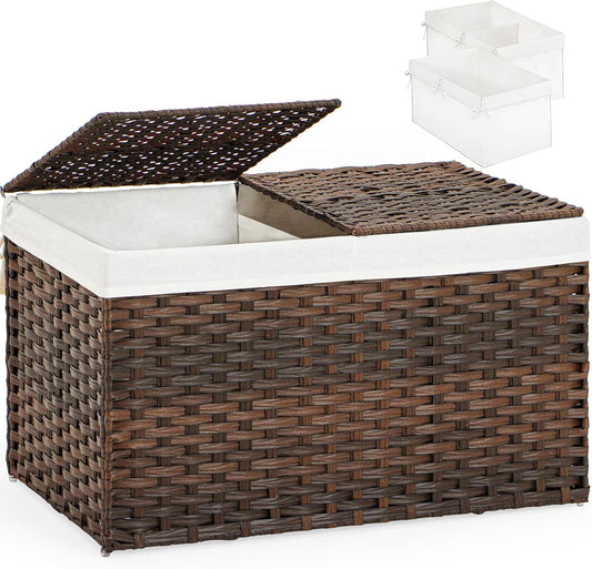 Storage Basket with Lid Rattan Woven Storage Baskets with 2 Separate Lids, 17.2 Gallon (65 L), 22 x 13 x 13.8 Inches,Foldable, 2 Removable Liner Bags Handles for Bedroom, Laundry Room Brown