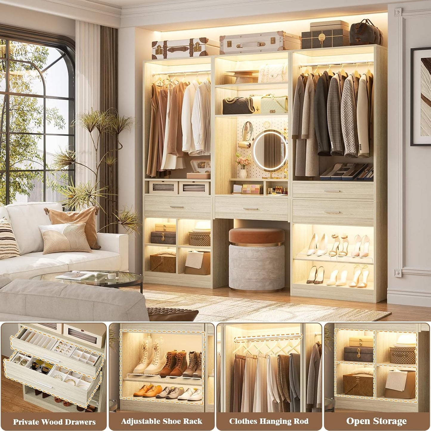 Unikito 75” Modular Closet System, Freestanding Closet Organizer with Hanging Rods, Drawers, Adjustable Clothes Garment Rack with Shoe Rack, Sturdy Walk in Closet Set for Bedroom, Mudroom, White Oak