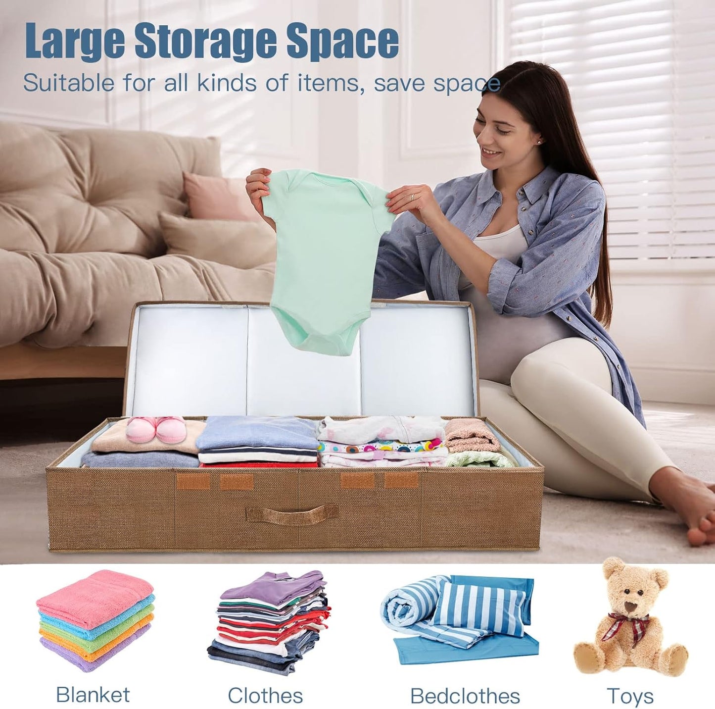 Underbed Storage Containers Bin with Lids (2pcs) Large Under Bed Storage Organizer Box with Handle, Foldable Under the Storage Bags for Organizing Clothes, Shoes, Blankets, Pillows-Dark brown