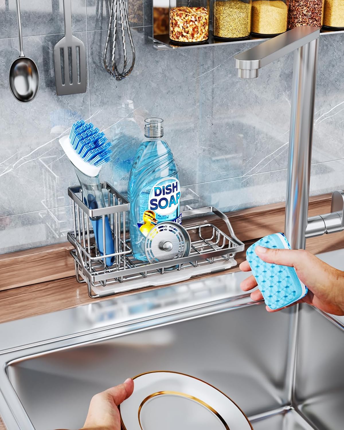 Consumest Sink Caddy, Kitchen Sponge Holder with Dish Brush Holder, Kitchen Organizer with Drip Tray for Countertop, Stainless Steel Rustproof - Silver