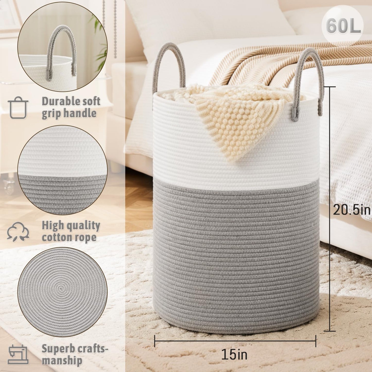 Laundry Basket,Woven Cotton Rope Laundry Hamper,60L for Decorative Storage of Dirty Clothes,Toys and Blankets in Bathroom,Baby Room and Living Room