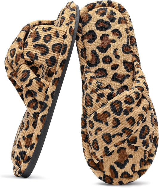 Evshine Summer House Slippers for Women Corduroy Cross Bow Indoor Slippers Open Toe Slip On Bedroom Shoes with Memory Foam