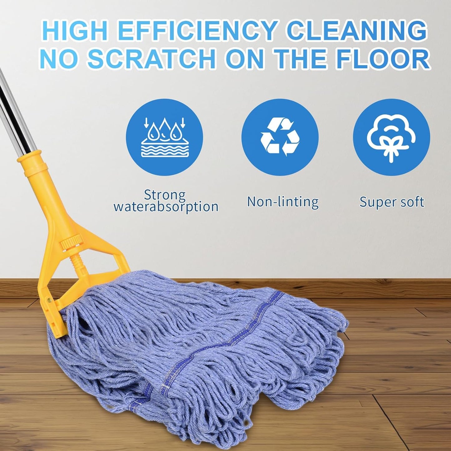 Commercial Mop with Extra Head Replacement, 63Inch Handle Heavy Duty Industrial Mop Looped-End String Wet Mops for Floor Cleaning for Warehouse, Workshop, Garage, Office, Home (2 Mops Head)