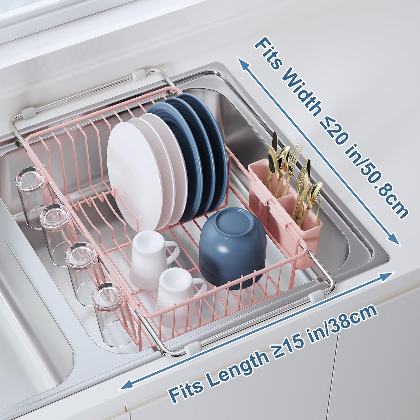 Over the Sink Expandable Dish Drainer Drying Rack In Stainless Steel for Small Kitchen, Counter Space Saving Compact Metal Above Plate Dryer Strainer, Pink Adjustable Hanging Inside Drain Holder