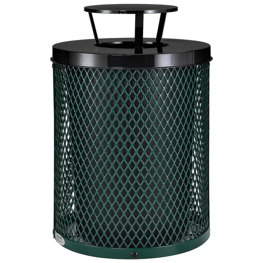 Global Industrial Outdoor Diamond Steel Trash Can with Rain Bonnet Lid and Plastic Liner, 36 Gallon Capacity, Green, Thermoplastic Coating, 23-1/2" Diameter, 40-1/2"H