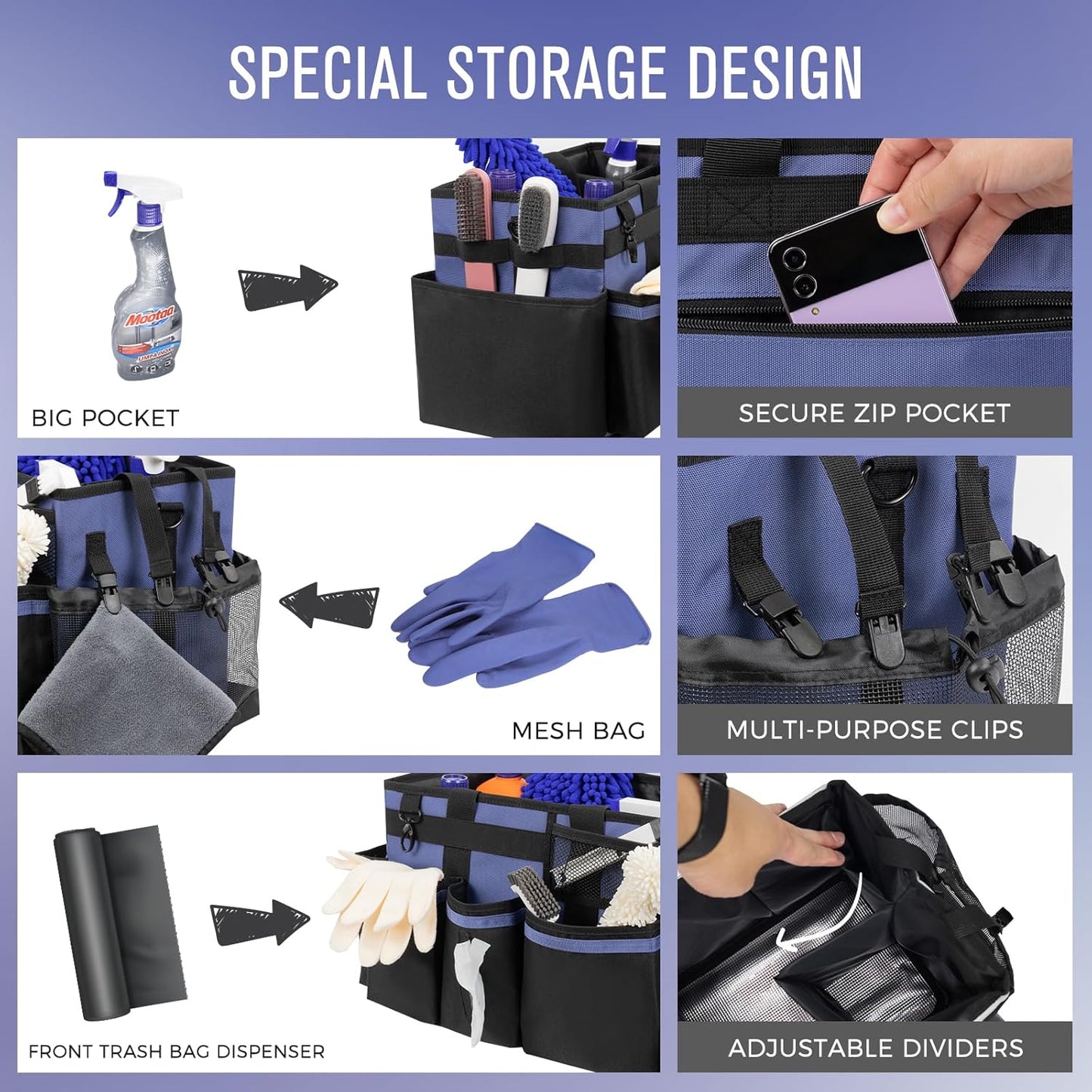 Wearable Cleaning Caddy, Cleaning Caddy Supplies Organizer with Handle & Shoulder Straps for Housekeepers, Under Sink & Car Cleaning Tool Organizers Bag with 4 Foldable Divider (CeruleanBlue)