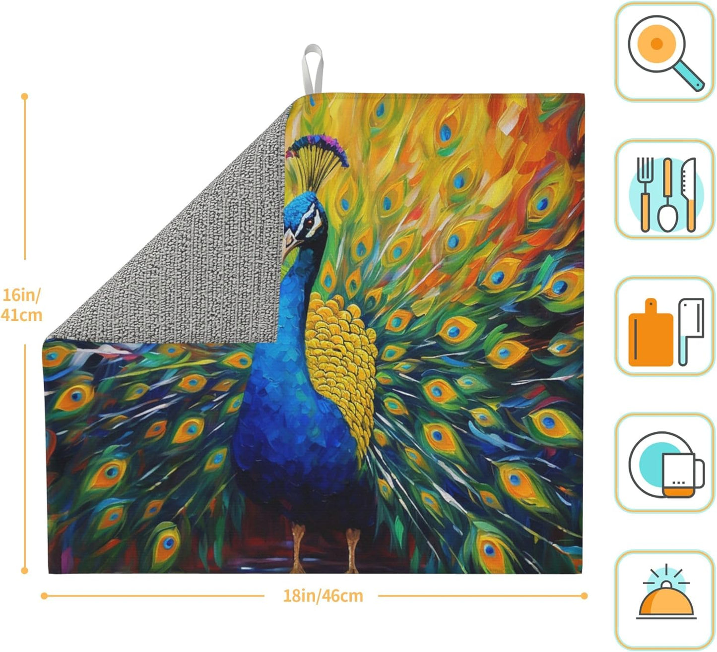 Beautiful Peacock Dish Drying Mat for Kitchen Counter Cute Dish Drainer Rack Mats 16"x18" Absorbent Reversible Drying Pad