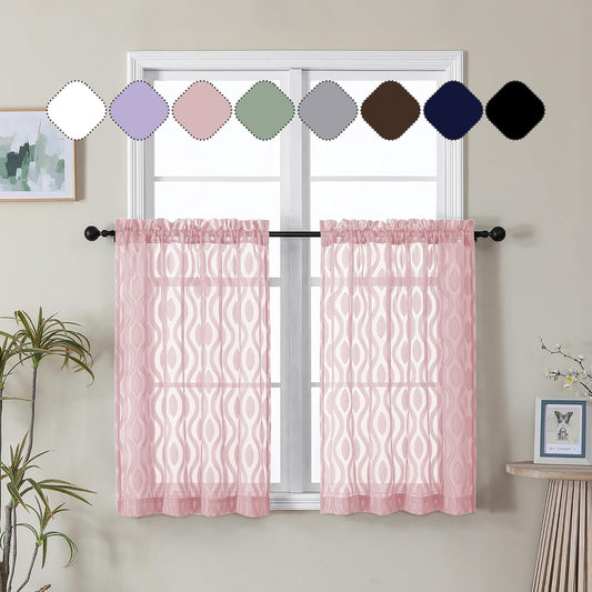 Aiyufeng Blush Pink Curtains Tiers 36 Inch Length 2 Panels Set, Airy Lightweight Clip Jacquard Window Curtians, Modern Wavy Line Textured Voile Sheer Curtains for Small Windows, 40" Wx36 L Inch