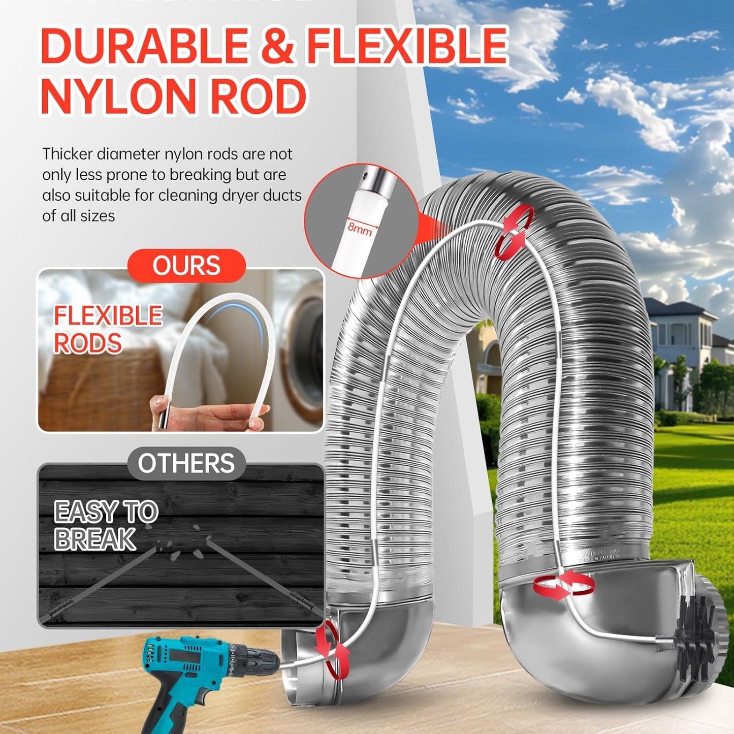 Dryer Vent Cleaner Kit, Bluesea 33-Piece Omnidirectional Dryer Cleaning Kit Include 35 Feet Dryer Vent Brush, Upgrade Noiseless Dryer Lint Vacuum Attachment, Lint Trap Brush, Vacuum & Dryer Adapters