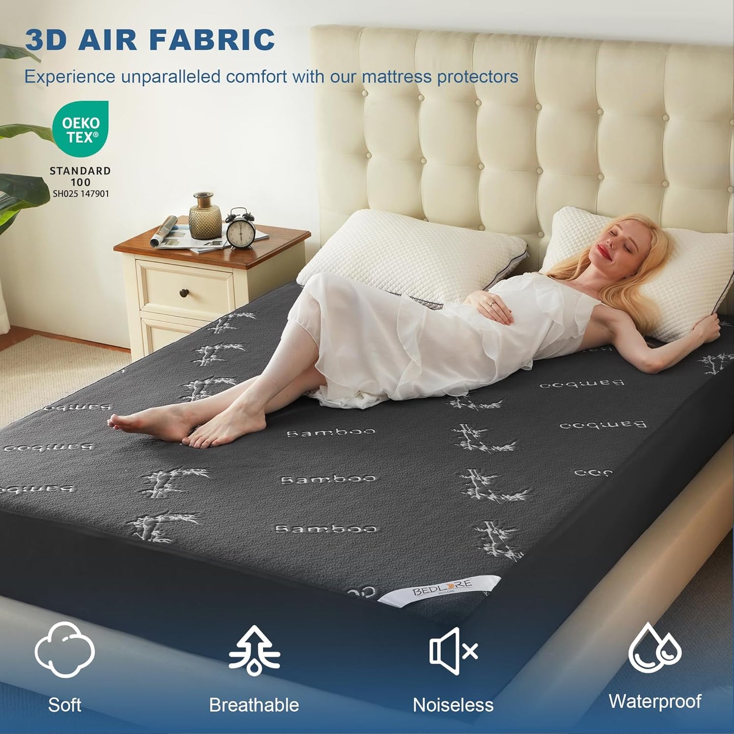 BEDLORE Queen Size Mattress Protector Waterproof, Mattress Pad Fitted 6-18 Inch Deep Pocket, 3D Air Fabric Soft Double Bed Mattress Cover Noiseless Washable for Bedroom, Hotel, Gray