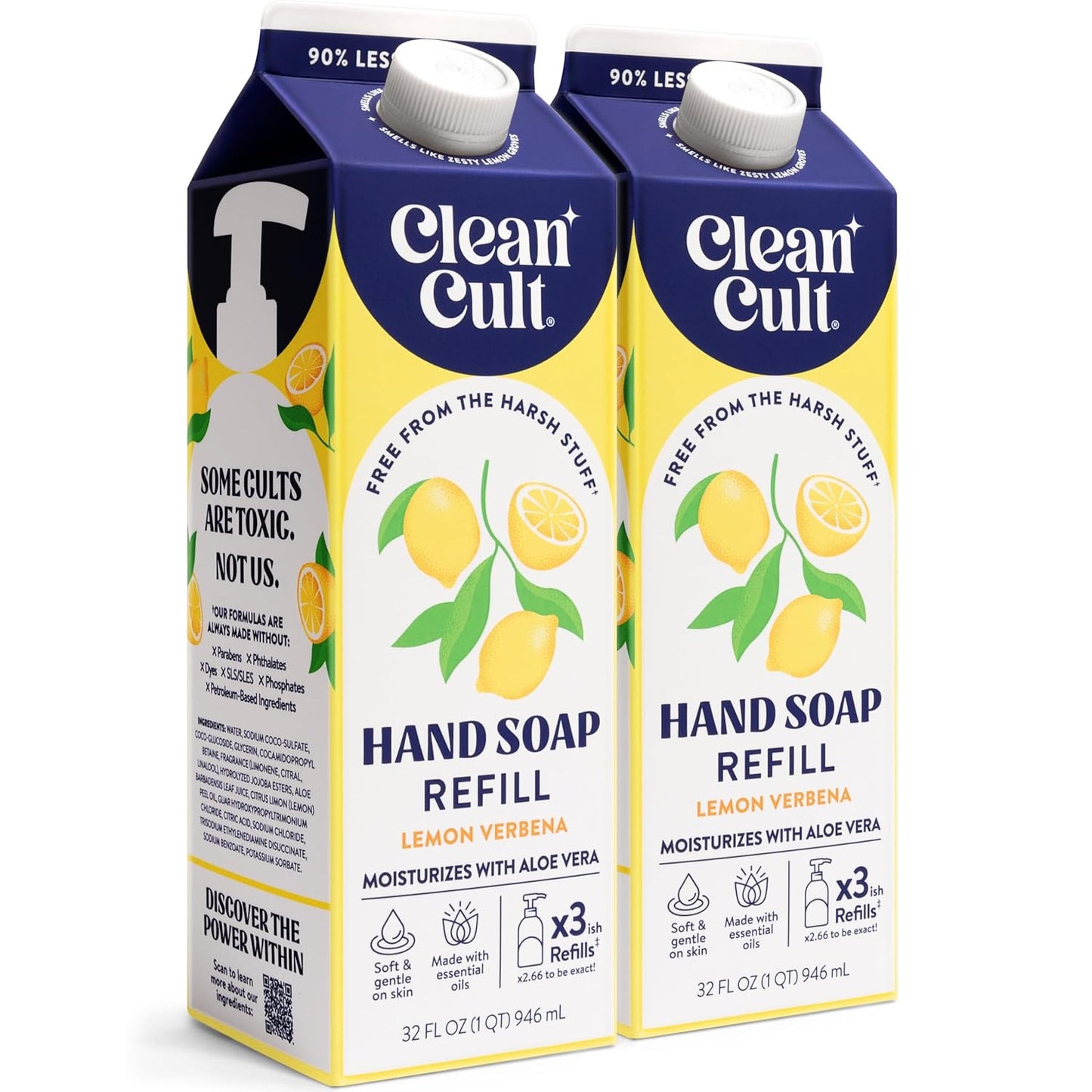 Cleancult Liquid Hand Soap Refills - Lemon Verbena - Moisturizes Dry & Sensitive Skin - Made with Aloe Vera & Essential Oils - Eco Friendly - Paper-Based Packaging - 32 oz/2 Pack