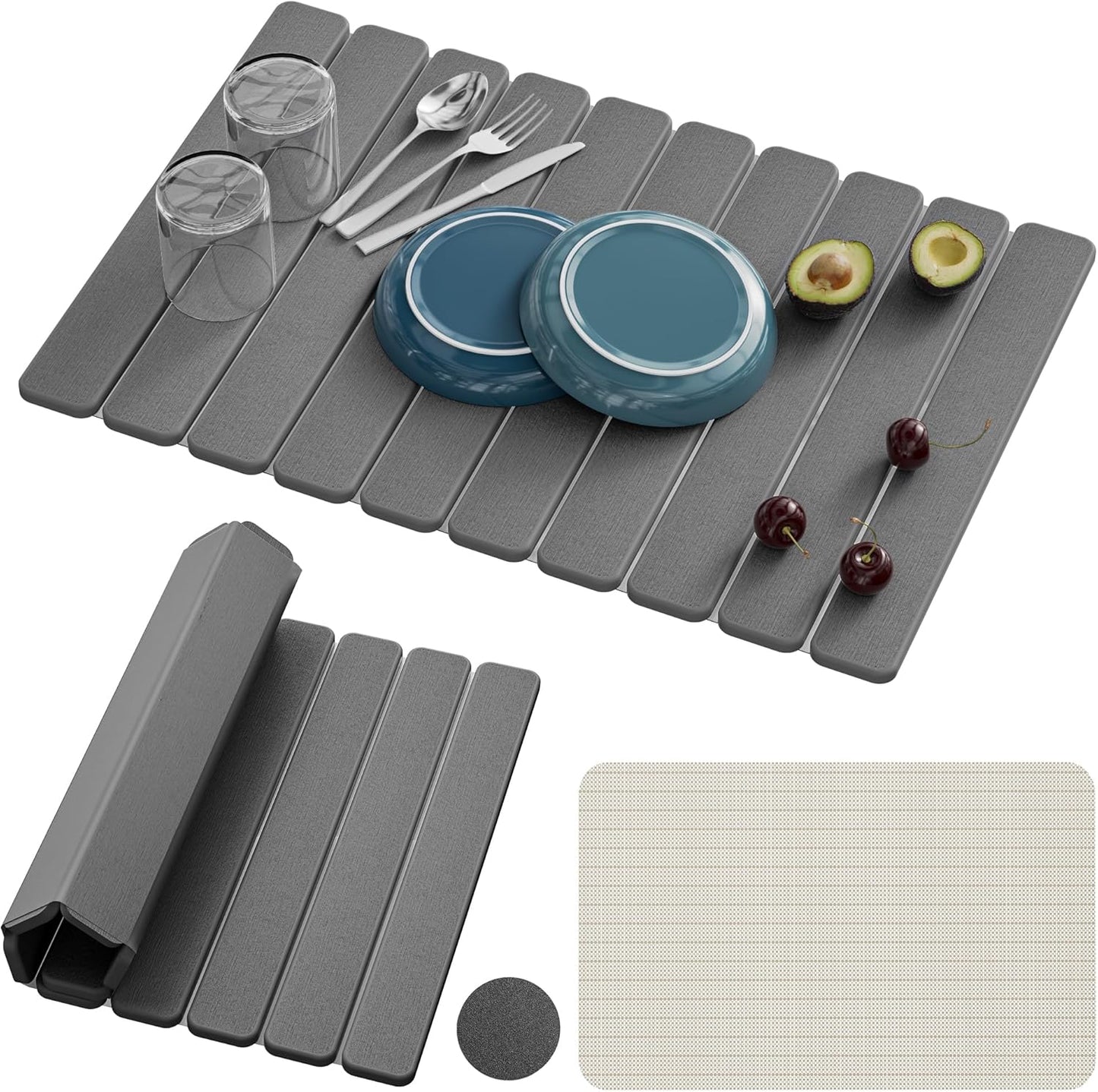 Large Stone Dish Drying Mats for Kitchen Counter – Foldable Quick Dry Stone Mat with Non-Slip Pad & Sandpaper, Super Absorbent Diatomaceous Earth Mat for Dishes and Cups(Dark Gray 23.5"x15.5")