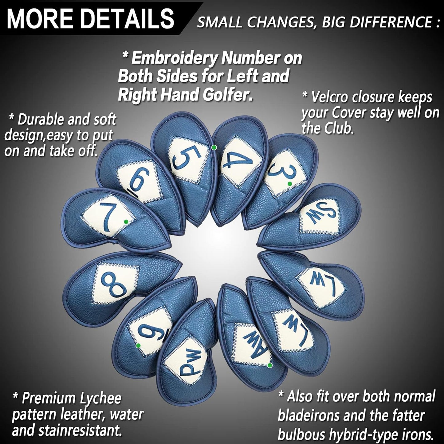 FINGER TEN Premium Synthetic Leather Stylish Iron & Wedge Golf Head Covers Value 12 Piece Set, Embroidered Labels & Fits Most Clubs Gift Set, Travel Protection Accessories