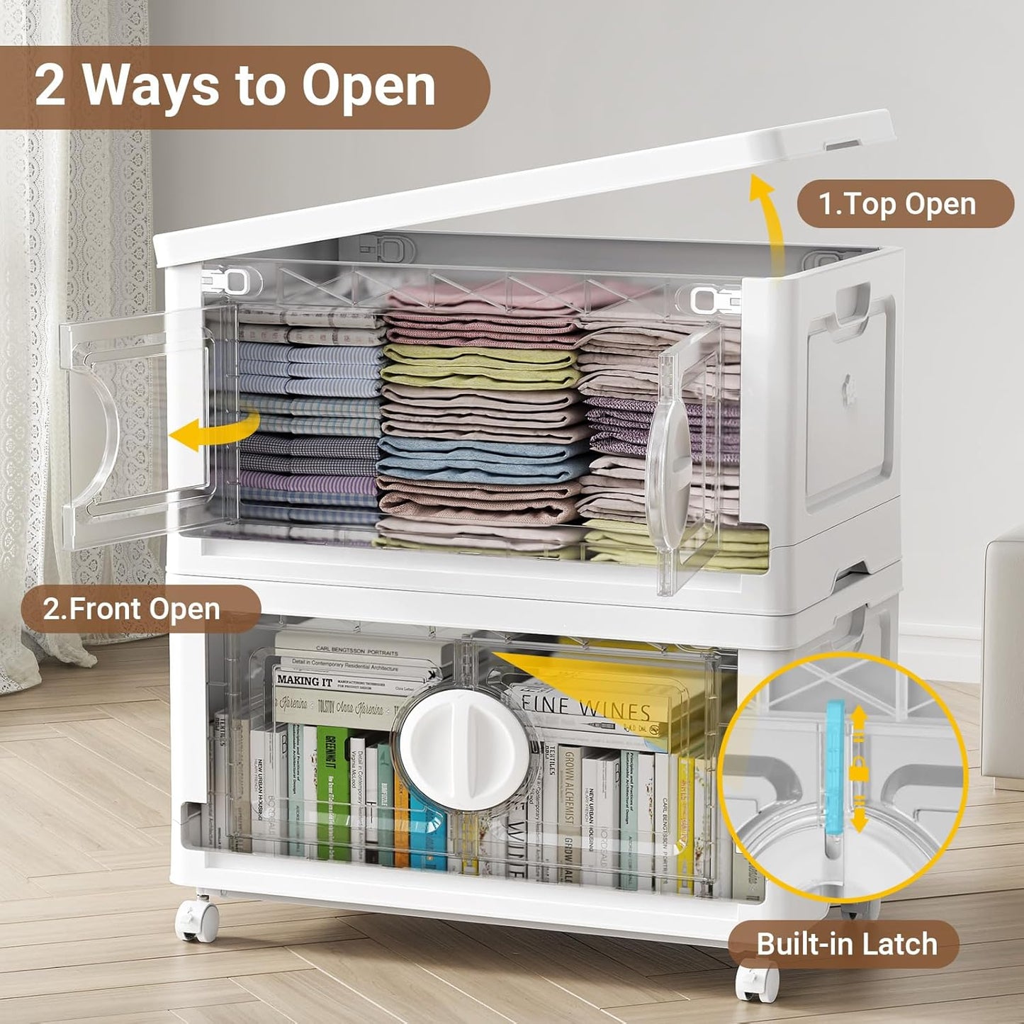 BROVIEW 360Qt Lockable Stackable Storage Bins with Lids, Closet Organizers and Storage Drawer, Collapsible Storage Bin with Wheels, Plastic Cabinet for Toy Clothes Dorm Organizer, V9 3 Pack White