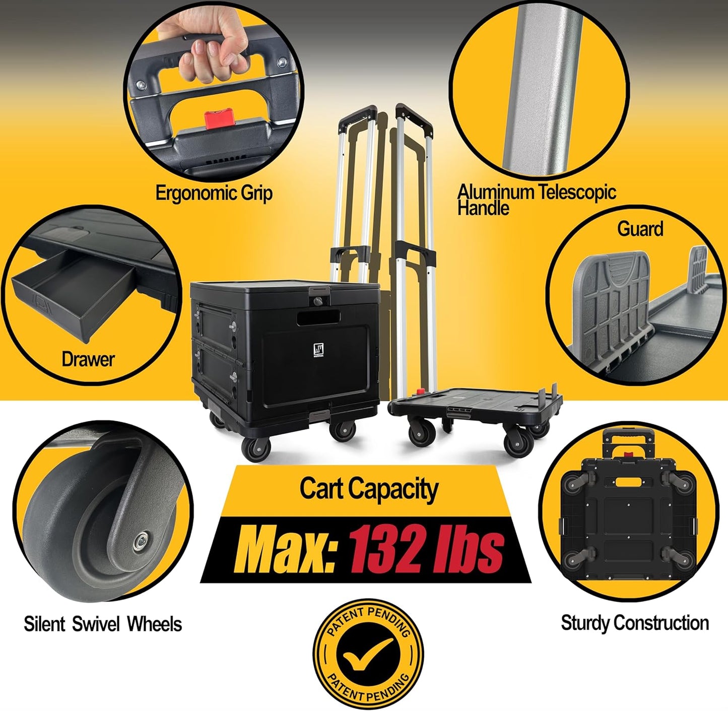 Wellmax WM99800BK Rolling Crate Cart with Wheels, Foldable Utility Cart for Teachers, Shopping, Office | Silent Wheels, Aluminum Handle, 132 lbs Capacity – Black