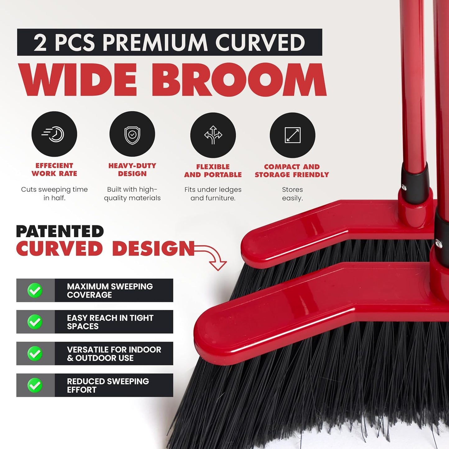 Da Vinci Curved Angle Broom (2) - Sturdy Wide Broom for Indoor/Outdoor Sweeping, Heavy Duty Steel Telescopic Handle, Durable PVC Bristles, Ideal for Pet Hair, Dust, Kitchen & Rough Surfaces