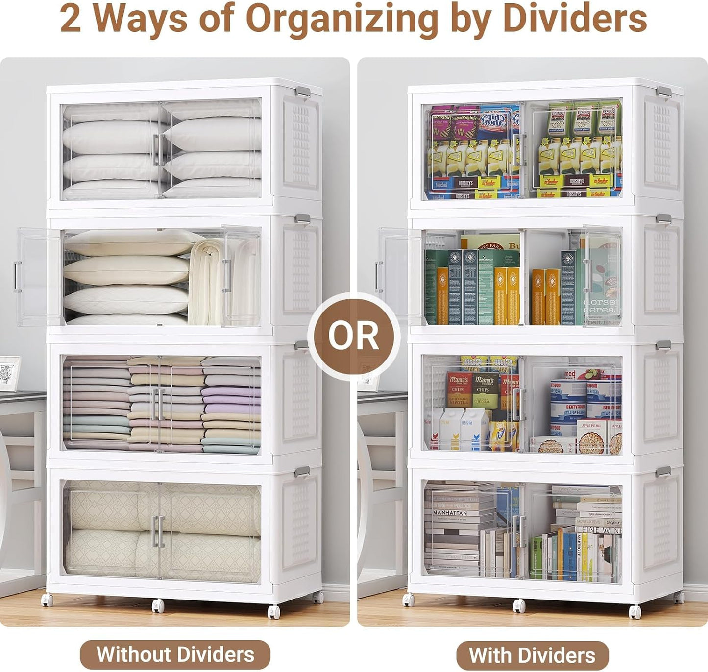 BROVIEW 52.7"H 150Gal Plastic Storage Bins with Lid & Wheels,3Pack Extra Large Stackable Storage Bins with Dividers,Closet Organizers and Storage Cabinet Collapsible Box Shelves for Home Kitchen,White