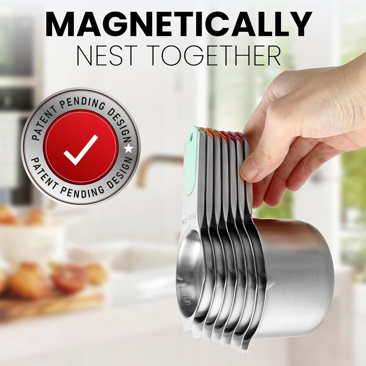 Spring Chef Magnetic Stainless Steel Measuring Cups, Patented, Kitchen Tools with Easy to Read Markings for Measuring Dry or Liquid Ingredients, Set of 7, Desert Sunset